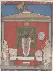 Sacerdote adorando una imagen de Sri Nathaji, mediados del siglo XIX (acuarela opaca sobre papel)