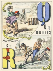 Q R: bolos, ricochets - Alfabeto de juegos, c.1890