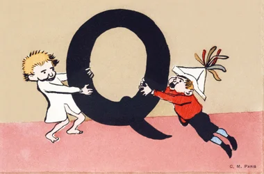 Q como pelea - Alfabeto infantil. C. M. editor, París. Tarjetas postales pintadas a mano, franqueadas en 1904. Dimensiones: 14 x 9 cm