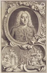 RM 7.f.5 George Frederick Handel (1685-1759), frontispicio de "Israel en Egipto", grabado por Jacobus Houbraken (1698-1780)
