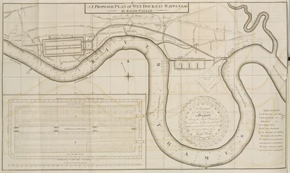 Plan propuesto por Ralph Walker de muelles húmedos en Wapping, Londres