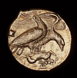 Rara moneda griega antigua, dracma de plata, Agrigentum, águila con liebre c 410 a.C. (foto)