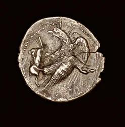 Rara moneda griega antigua, tetredracma de plata, Agrigentum, águila con liebre, 411 a.C. (foto)