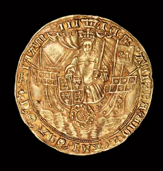 Rara moneda inglesa, Ryal de oro, Reina María (Bloody Mary) en barco con espada y escudo
