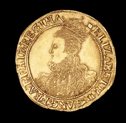 Rara moneda inglesa, retrato de la reina Isabel I, libra de oro
