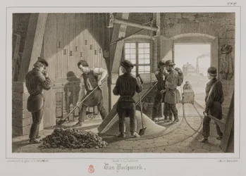 Procesamiento de materias primas, metalurgia, triturando el mineral, Alemania, c. 1851