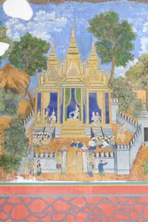 Frescos de Reamker adornan las paredes del complejo del palacio real de Phnom Penh, Camboya (foto)