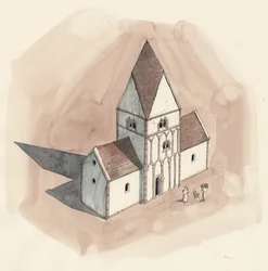 Dibujo de reconstrucción de la iglesia de San Pedro durante el periodo anglosajón, Gales, Liam (siglo XX) (acuarela sobre papel)
