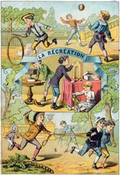 Recreo en el patio de la escuela. Grabado en "Alphabet des petits ecoliers". Imágenes de Epinal, circa 1885. Colección Privada
