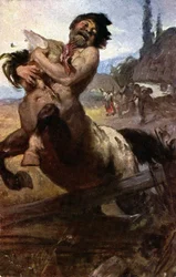 Religión. Mitología griega. Un centauro ladrón. Ilustración de Gyula Benczur, Hungría, c.1910 Coll. Parte. (postal)