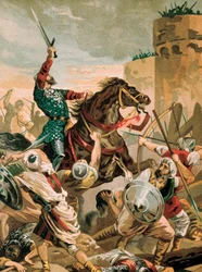 Representación del Cid, Rodrigo Díaz de Vivar (1043-1099), caballero español héroe de la Reconquista durante el asedio de Valencia contra los sarracenos en 1099.