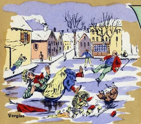 Residentes de un pueblo deslizándose sobre hielo en invierno. Alfabeto ilustrado. Imágenes reunidas en Jarville-Nancy, principios del siglo XX. Dim: 40 x 29 cm. Litografía sobre fondo bistre