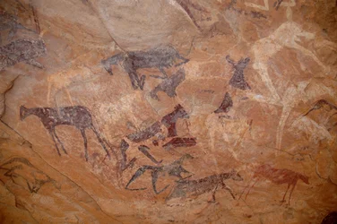 Arte rupestre, Prehistoria: Pintura rupestre de ganado, una rodilla en un refugio adornado en el macizo de Uweinat, Sudán (Karkur-Talh o Karkur Talh). Periodo de 8000 a 3000 años a.C.