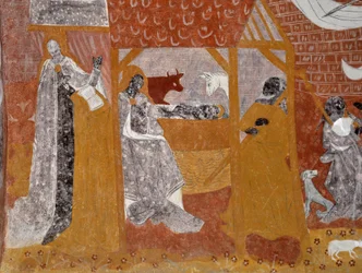 Arte románico: Frescos de la capilla funeraria Sainte Catherine de Jouhet, Vienne, Poitou-Charentes (Poitou Charentes), Francia. Nativite. Fotografía