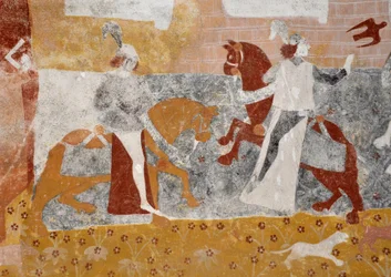 Arte románico: Frescos de la capilla funeraria Sainte Catherine de Jouhet, Vienne, Poitou-Charentes (Poitou Charentes), Francia. El encuentro de los tres vivos y los tres muertos. (Narra el encuentro de los tres caballeros jóvenes y ricos con tres muertos.