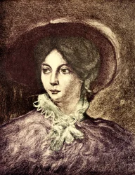 George Sand - después de la pintura de E. Delacroix, novelista francés (1804-1876). Involucrada con Chopin. Coloreado