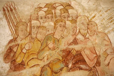 Pintura de la abadía de Saint-Savin: Abraham y sus seguidores luchando, Saint-Savin-sur-Gartempe, Francia