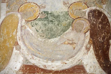 Pintura románica de la abadía de Saint-Savin: entierro, Saint-Savin-sur-Gartempe, Francia