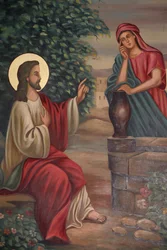 Iglesia copta de San Antonio pintura: Jesús y la mujer samaritana, Jerusalén, Israel