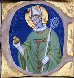 San Nicolás de Myra, inicial historiada "C", de un libro de coro iluminado en vitela, c.1400