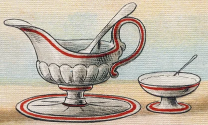 Salsa y azucarero. Grabado en "Alphabet de ma petite fille". Bernardin-Bechet y Fils, libreros-editores, París, alrededor de 1895. Álbum irrompible sobre lienzo. Biblioteca de Bebés. 12 páginas. Álbum que contiene un método de lectura y un abecedario ilust
