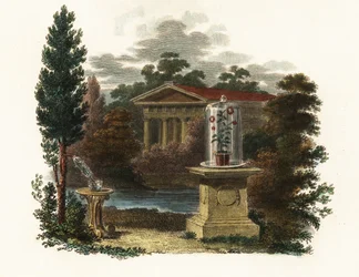 Invenciones científicas de Stephen Hales en un jardín.1802 (grabado)