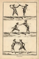 Segunda posición del desarme en tierce, desarme en la carte o seconde thrust, y segunda posición del desarme en la carte. Grabado al cobre de Robert Benard de la sección Esgrima de la Enciclopedia de Denis Diderot, Pellet, Ginebra.