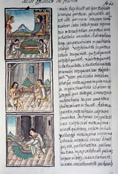 Conjunto de adornos y penacho de plumas de los emperadores, página del Códice Florentino, versión bilingüe en español y náhuatl, Historia General de las Cosas de la Nueva España, por el misionero español Fray Bernardino de Sahagún. Civilización azteca