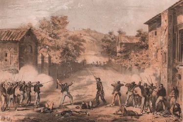 Voluntarios sicilianos atacando puestos avanzados en el lado izquierdo de los napolitanos en Milazzo, Sicilia