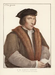 Sir John Godsalve, de Norwich, Norfolk, político inglés (m. 1556). Grabado en cobre coloreado a mano por Francis Bartolozzi según Hans Holbein de Facsímiles de dibujos originales de Hans Holbein, Hamilton, Adams, Londres.