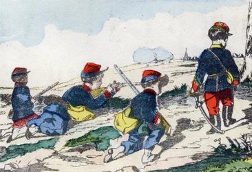 Francotiradores. Grabado en "Alfabeto militar infantil". Imágenes de Pont-a-Mousson, circa 1890