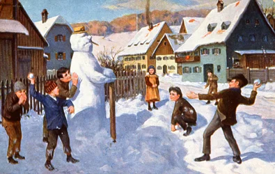 Muñeco de nieve y niños jugando, c. 1910 ( postal)