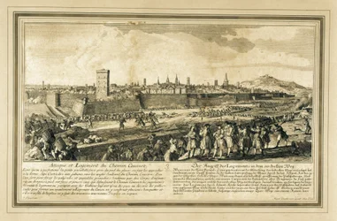 España: Guerra de Sucesión (1714). Asedio de Barcelona. (grabado)