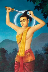 Monasterio Budista Srahchork. Pintura que representa la historia de la vida de Buda Shakyamuni. El príncipe Siddhartha se corta el cabello para renunciar a la vida mundana en la orilla del río Anoma. Phnom Penh. Camboya. (foto)