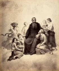 San Benito entronizado está rodeado de jóvenes con haces de trigo y cestas de fruta. Ilustración del Canto XXXII del Paradiso de La Divina Comedia de Dante Alighieri. Obra de Francesco Scaramuzza dedicada al Ayuntamiento de Florencia.