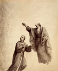 San Bernardo indica a Dante la Rosa de los bienaventurados donde se sienta Beatriz. Ilustración del Canto XXXI del Paradiso de La Divina Comedia de Dante Alighieri. Obra de Francesco Scaramuzza dedicada al Ayuntamiento de Florencia.