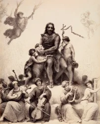 San Juan Bautista está sentado, rodeado de ángeles músicos, y acaricia a un cordero en la cabeza. Ilustración del Canto XXXII del Paradiso de La Divina Comedia de Dante Alighieri. Obra de Francesco Scaramuzza dedicada al Ayuntamiento de Florencia.