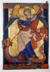 San Miguel venciendo al dragón - Pergamino, c.1330, Staatliche Museen Kupferstichkabinett, Berlín