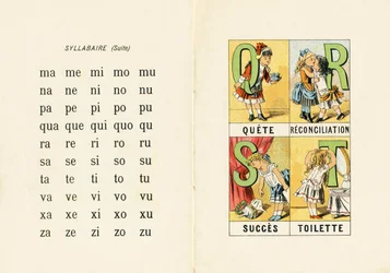 Silabario y Q R S T - Grabado extraído de ABCD de las niñas. Pellerin & Cie, impresor-editor, Epinal, hacia 1890. Serie A.