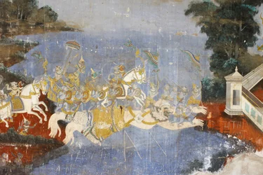 Pagoda de Plata. Este mural representa escenas del Reamker, la versión camboyana del poema hindú Ramayana, Phnom Penh, Camboya