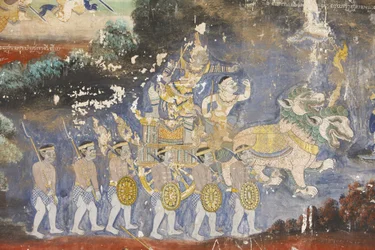 Pagoda de Plata. Este mural representa escenas del Reamker, la versión camboyana del poema hindú Ramayana, Phnom Penh, Camboya