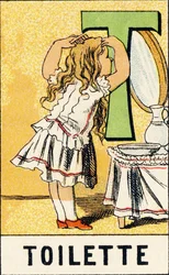 T: Aseo - Grabado extraído de ABCD de las niñas. Pellerin & Cie, impresor-editor, Epinal, circa 1890. Serie A. Dimensiones: 19 x 13,5 cm
