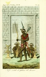 Guardias tatuados o escarificados en la puerta del Palacio de la Reina, Tandi, Angola