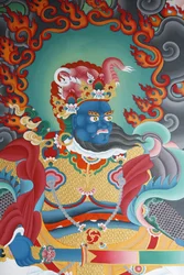 Guardia del templo protegiendo el sur, llamado Virudhaka. Monasterio Kopan, Katmandú, Nepal