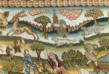 La alfombra de mesa de Bradford, detalle de perros persiguiendo a un ciervo, bordado en lienzo de lino con sedas de colores, inglés, finales del siglo XVI