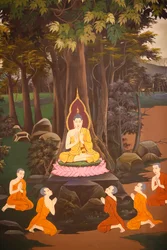 El Buda predicó su primer sermón a los cinco monjes, Fresco mural, templo Wat Botum, Phnom Penh, 2022 (foto)