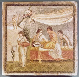 El mosaico de Centocelle que representa a una mujer reclinada atendida por sirvientes, copia de un original griego