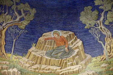 La iglesia de Todas las Naciones, también conocida como iglesia o basílica de la Agonía, Cristo en agonía, mosaico de la basílica en Getsemaní, Jerusalén, Israel