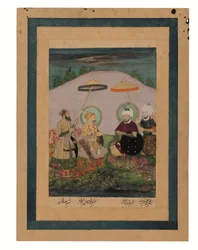 El emperador mogol Shah Jahan con su antepasado Timur (gouache con oro sobre papel)