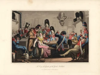 Los Guardias Nacionales en la Guardia, bebiendo con el cantiniere, licorero y jugando a las cartas, fumando en pipa, algunos duermen - Eau forte según una ilustración de Victor Auver, de Un tour por París, publicado por William Sams